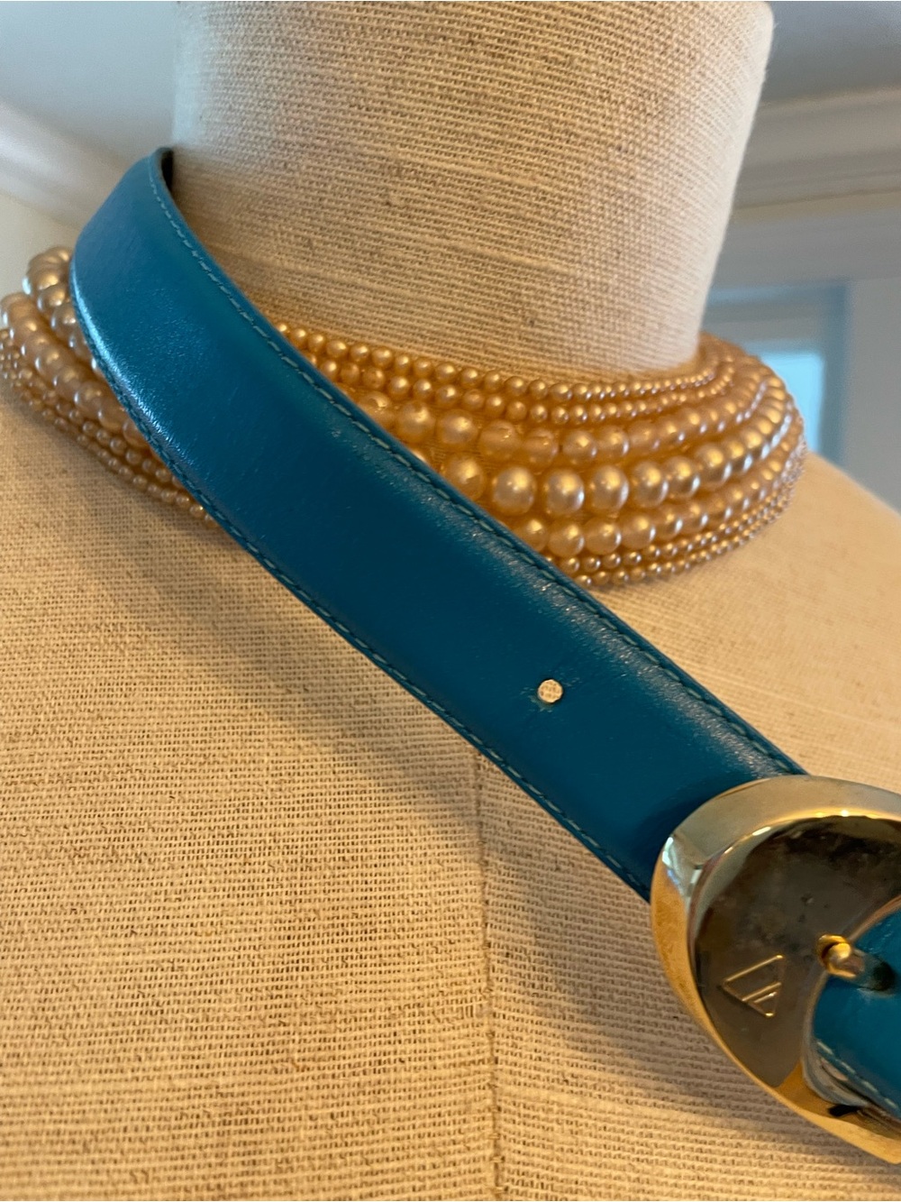 Liz Claiborne Teal Leather Belt with Gold Buckle - Picture 3 of 11